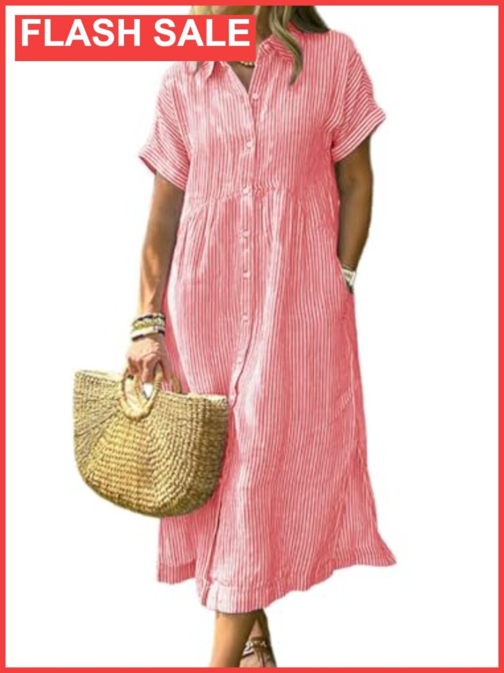 Striped Midi Cotton Shirt Dress Casual Short Sleeve Button Down